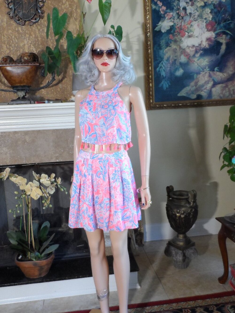 New Lilly Pulitzer Pink & Blue Tassel Trim Two-Piece Summer Set Size 0